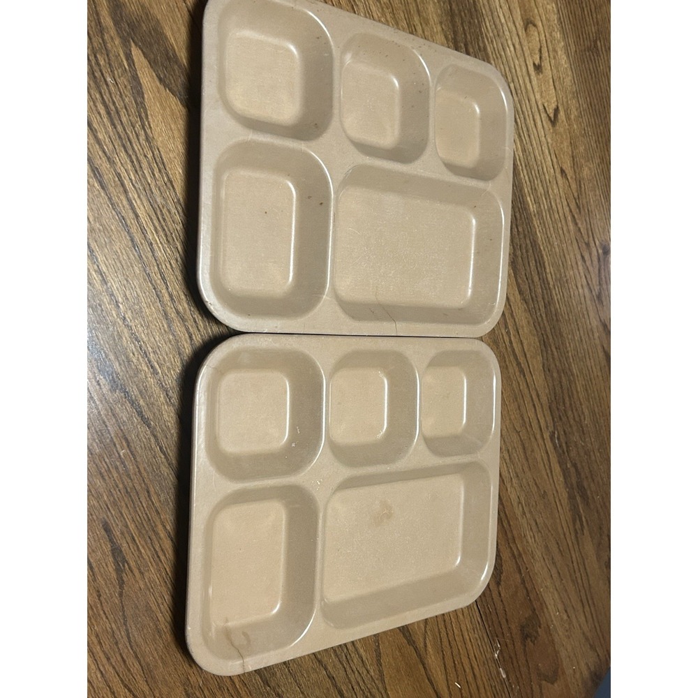 Vintage Tan Divided Cafeteria Tray Set of 2 6-Compartment School Mess Hall Lunch